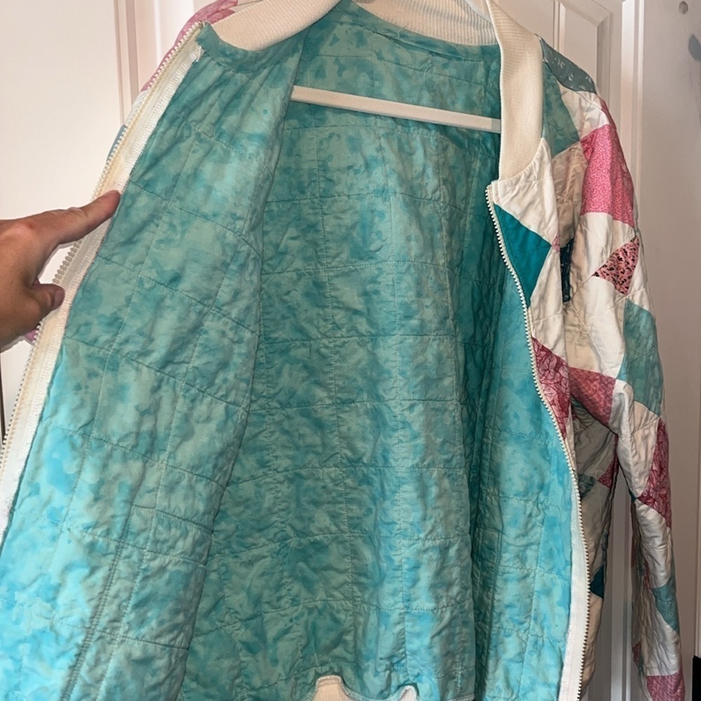 Vintage boho folk grandma quilt square pink teal patchwork zip jacket XL XXL - Picture 13 of 14